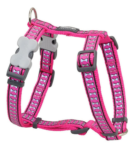 Red Dingo reflective dog harness in fuchsia, adjustable from 46 to 76 cm, with a padded design and reflective strips for visibility.