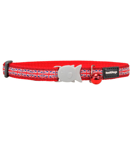 Red Dingo Union Jack cat collar in red with adjustable 20-32 cm length, featuring a stylish Union Jack design.