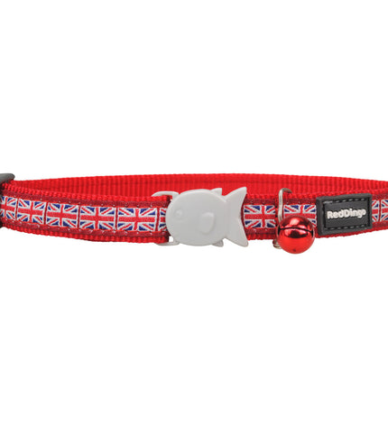 Red Dingo Union Jack cat collar in red, with adjustable size 20-32 cm, featuring a vibrant British flag pattern.