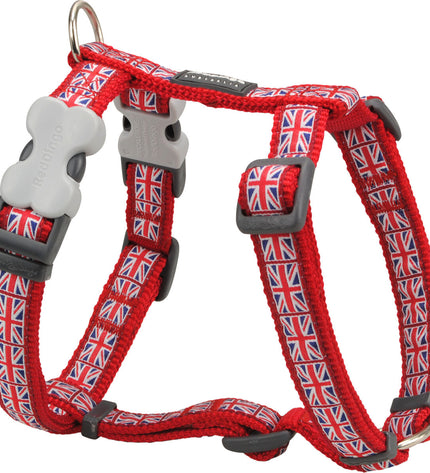 Red Dingo Union Jack dog harness in red, adjustable for 25-39 cm, with a vibrant Union Jack design, suitable for medium-sized dogs.