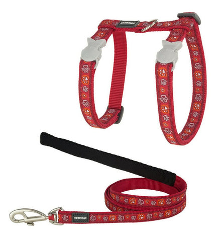 Red Dingo red cat harness with paw print pattern, adjustable strap, designed for comfortable feline restraint.