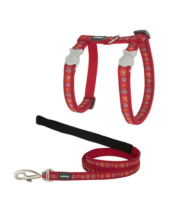 Red Dingo red cat harness with paw print pattern, adjustable strap, designed for comfortable feline restraint.