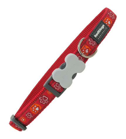 Red Dingo dog collar with red paw print pattern, adjustable 20-32 cm, made for dogs, featuring colorful paw print design.