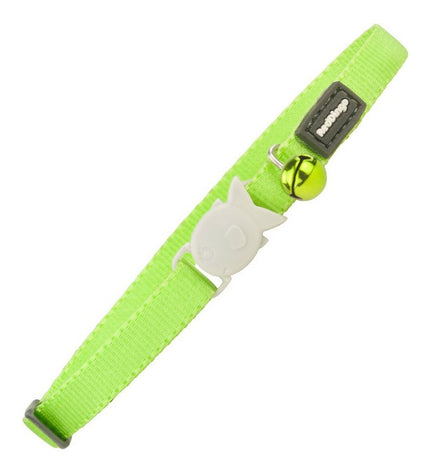 Red Dingo cat collar in lime green, adjustable 20-32 cm, with a secure buckle, designed for comfortable feline wear.