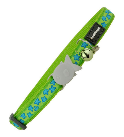 Red Dingo green cat collar with red accents, adjustable 20-32 cm, made for feline pets, featuring a stylish and comfortable design.