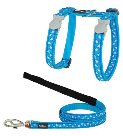 Red Dingo turquoise and white cat harness with leash, designed for feline safety and comfort in vibrant, durable materials.