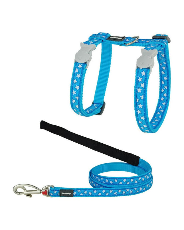 Red Dingo turquoise and white cat harness with leash, designed for feline safety and comfort in vibrant, durable materials.