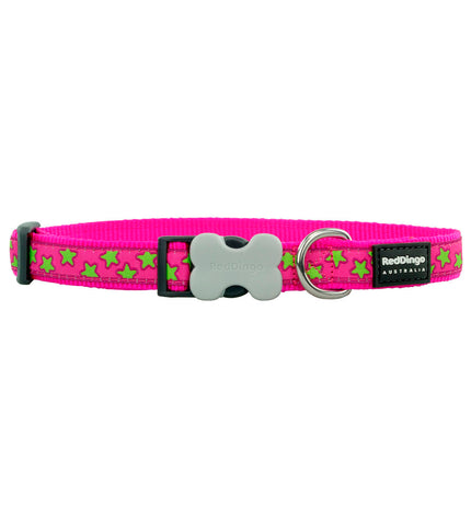 Red Dingo stars dog collar in pink and red, adjustable 20-32 cm, featuring a stylish star pattern for small to medium dogs.