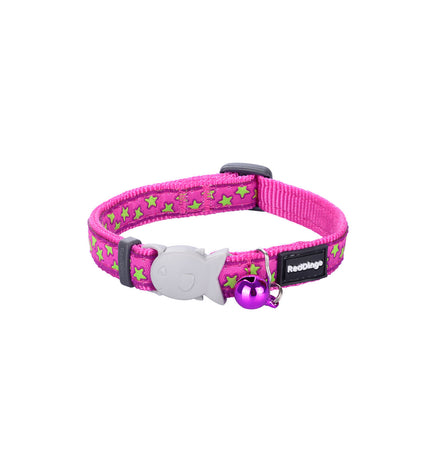 Red Dingo dog collar with lime stars pattern on hot pink background, 15mm wide, adjustable 24-36cm length.