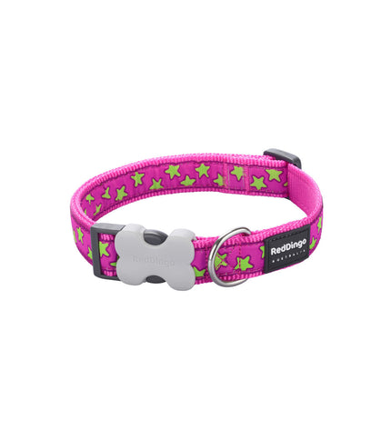 Red Dingo dog collar in lime on hot pink with star pattern, 15 mm wide, adjustable 24-36 cm, featuring vibrant, playful design.