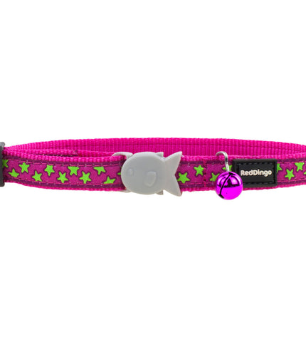 Red Dingo dog collar with lime stars on hot pink background, adjustable 31-47 cm, colorful and stylish pet accessory.