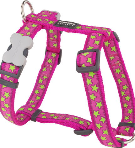 Red Dingo dog harness with stars pattern in lime on hot pink, adjustable for dogs 36-54 cm.