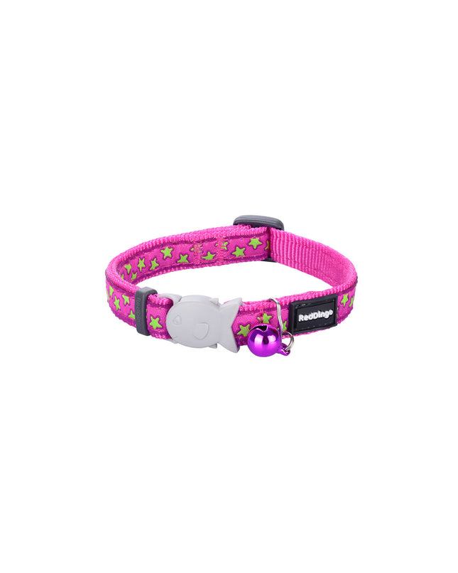 Red Dingo cat collar with red stars and lime accents, adjustable 20-32 cm, featuring a pink background and star pattern.