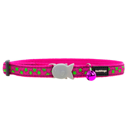Red Dingo cat collar with lime stars on a pink background, adjustable for 20-32 cm cats, stylish and comfortable pet accessory.