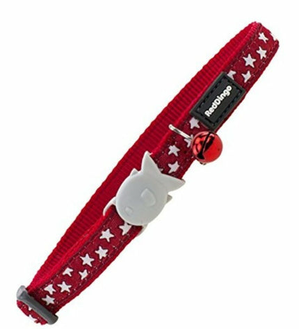 Red Dingo red cat collar with adjustable length 20-32 cm, shown on a feline model, made of durable material.