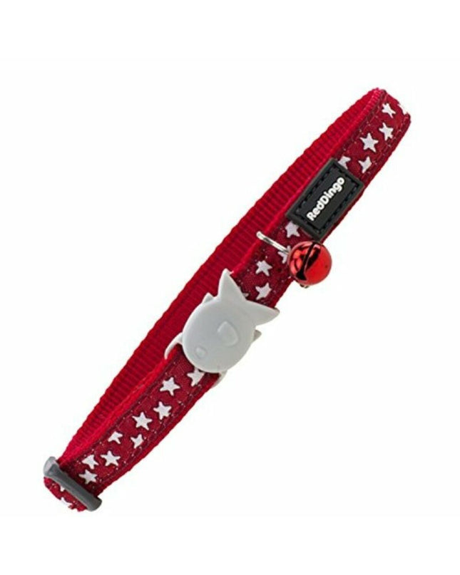 Red Dingo red cat collar with adjustable length 20-32 cm, shown on a feline model, made of durable material.