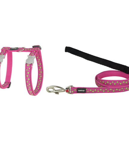 Red Dingo red cat harness for kittens, adjustable 21-35 cm, on hot pink background, featuring secure buckles and soft material.