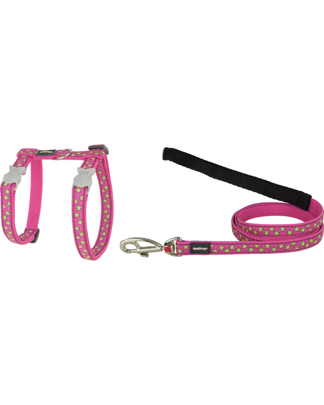 Red Dingo red cat harness for kittens, adjustable 21-35 cm, on hot pink background, featuring secure buckles and soft material.