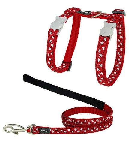 Red Dingo red and white cat harness with leash, designed for comfortable control and safety for cats.