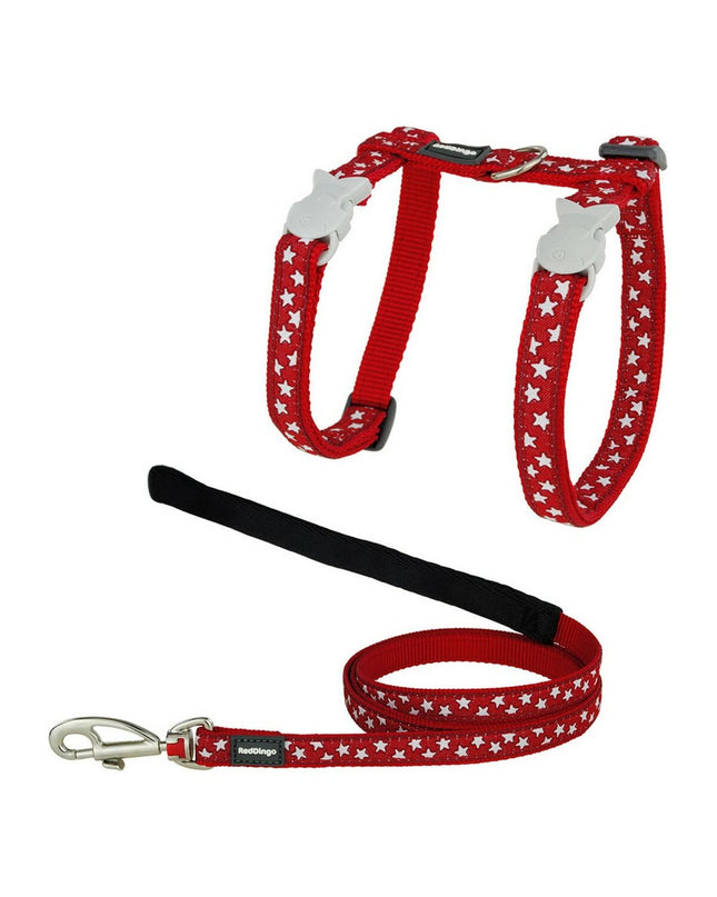 Red Dingo red and white cat harness with leash, designed for comfortable control and safety for cats.
