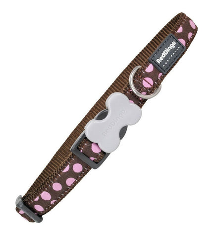 Red Dingo dog collar in pink with beauty mark pattern, adjustable 31-47 cm, durable nylon pet accessory for stylish dogs.