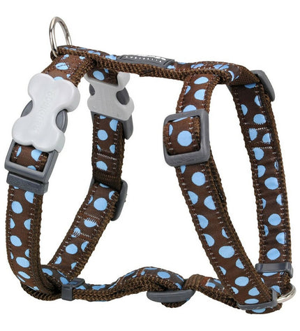 Red Dingo dog harness in blue and brown with beauty spot pattern, adjustable for neck size 30-48 cm, made for comfortable pet wear.