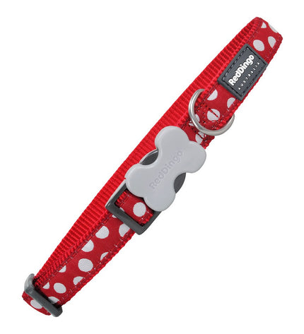 Red Dingo dog collar in red with beauty spot pattern, adjustable 31-47 cm, designed for stylish and comfortable pet wear.
