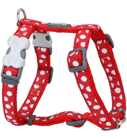Red Dingo dog harness in red with decorative beauty spots, adjustable for 30-48 cm, designed for comfortable fit and style.