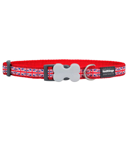 Red Dingo dog collar with Union Jack flag design, adjustable 31-47 cm, stylish pet accessory for dogs.