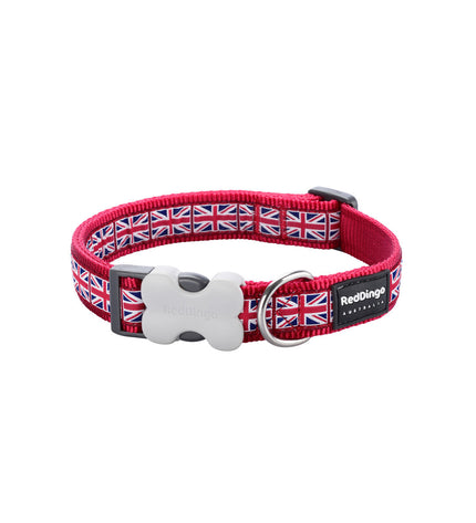 Red Dingo dog collar with Union Jack flag design, adjustable 31-47 cm, featuring vibrant red, white, and blue colors.