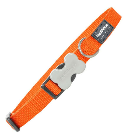 Red Dingo hondenhalsband in zacht oranje, verstelbaar 31-47 cm, made for dogs, shown on a dog in an outdoor setting.