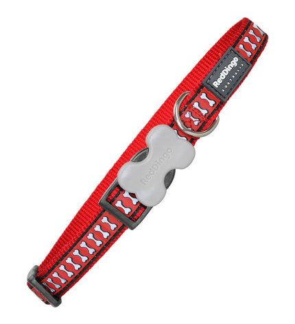 Red Dingo reflecterend hondenhalsband met bottenpatroon in rood, 1,5 x 24-36 cm, voor veilige en stijlvolle honden.