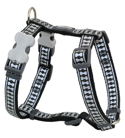 Reflective Red Dingo dog harness in black, adjustable for 30-48 cm neck, showing padded straps and reflective details.