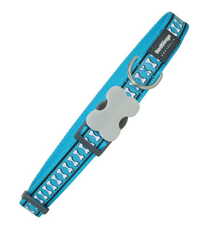 Red Dingo reflecterend hondenhalsband met turquoise botten patroon, verstelbaar van 2,5 tot 41-63 cm, geschikt voor honden.