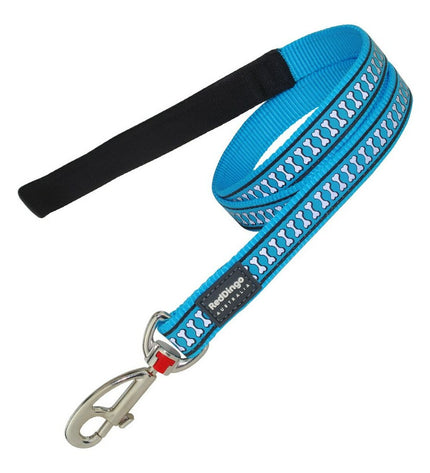 Reflective turquoise dog leash by Red Dingo, 1.2 meters long, shown in close-up with textured handle and sturdy clasp.