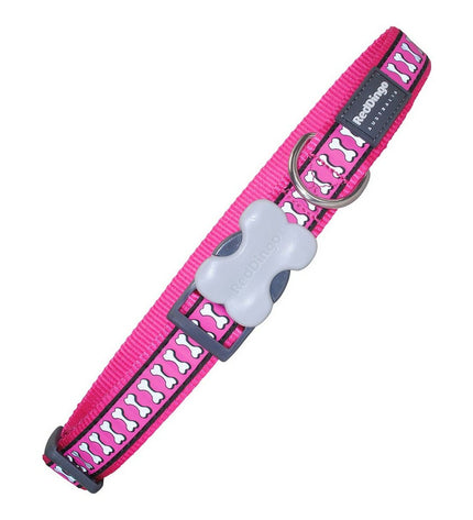 Red Dingo reflecterend hondenhalsband met fuchsia botten patroon, 1,5 cm breed, geschikt voor honden 24-36 cm nekomtrek.