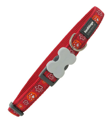 Red Dingo dog collar with red paw print design, adjustable 24-37 cm, durable pet accessory for dogs.