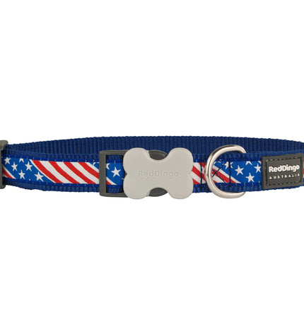 Red Dingo US flag dog collar, 15mm wide, adjustable 24-36cm, with red, white, and blue American flag design.
