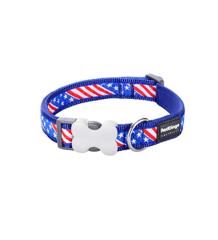 Red Dingo dog collar with US flag design, adjustable 41-63 cm, durable pet accessory for patriotic pet owners.