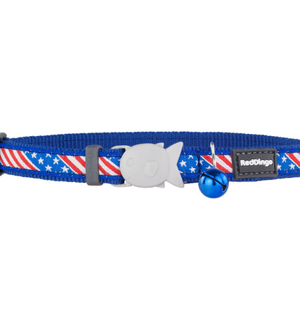 Red Dingo cat collar with US flag design, blue color, adjustable 20-32 cm, made for cats, featuring patriotic pattern and durable material.
