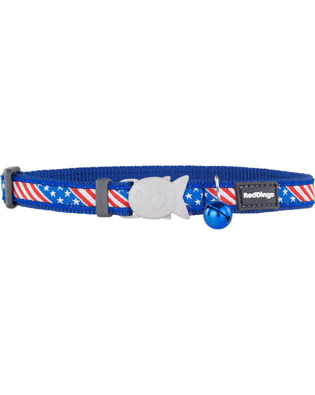 Red Dingo cat collar with US flag design, blue color, adjustable 20-32 cm, made for cats, featuring patriotic pattern and durable material.
