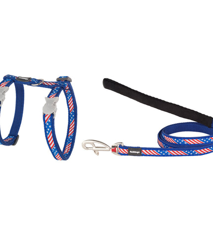 Red Dingo dog harness in blue with US flag design, adjustable for 21-35 cm neck size, ideal for patriotic pet accessories.