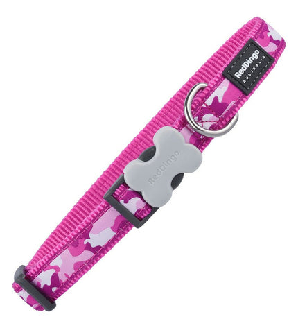 Red Dingo Fuchsia Camouflage dog collar with adjustable size, featuring vibrant pink and camouflage pattern for dogs.