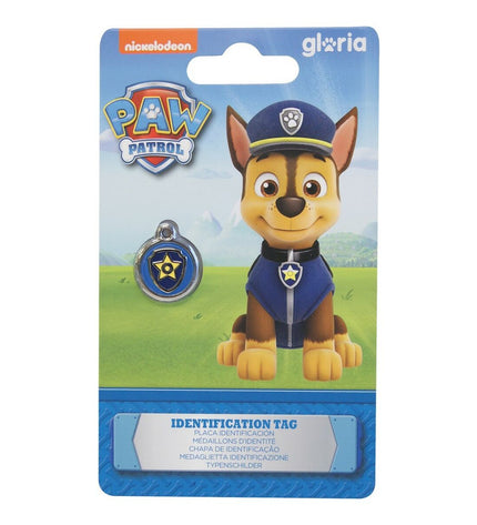 The Paw Patrol Chase dog tag for collars, blue with Chase's image, durable plastic, designed for pet identification.