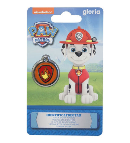 Dog collar tag for medium-sized Paw Patrol Marshall dog collar, featuring bright colors and Paw Patrol branding.