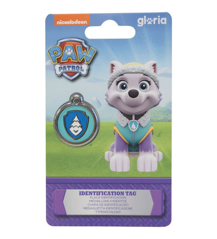 Paw Patrol Everest dog collar tag with nameplate for medium-sized dog, featuring colorful design and branding.