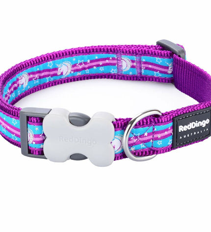 Red Dingo unicorn dog collar in red with colorful unicorn design, adjustable for dogs 24-37 cm, durable pet accessory.