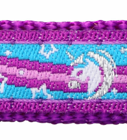 Red Dingo unicorn dog collar in red with colorful unicorn design, adjustable for 24-37 cm neck size.