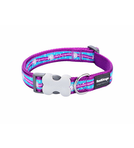 Red Dingo unicorn dog collar in red with colorful unicorn design, adjustable for 31-47 cm neck size, ideal for stylish dogs.