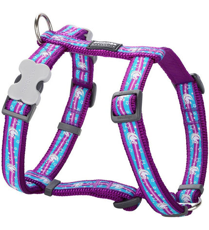 Red Dingo unicorn-themed dog harness in red, adjustable from 30 to 48 cm, featuring colorful unicorn design for pets.